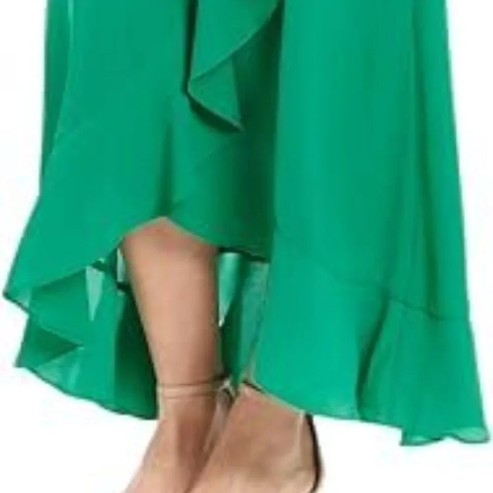 London Times dress green maxi off shoulder‎ ruffle high low holiday party 4